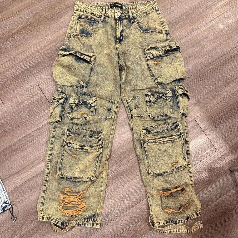 FashionNova Distressed Acid Wash Cargo Pants